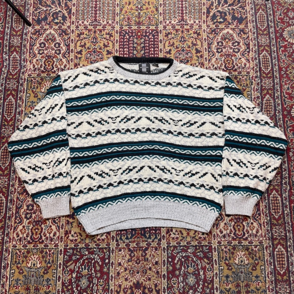 VTG 80s 90s Expressions Mens L striped Pattern Sweater 3d knit fair isle L cream